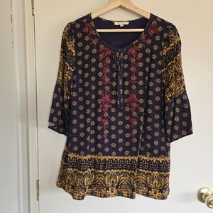 Skies Are Blue Bohemian Navy and Gold Women's Top M